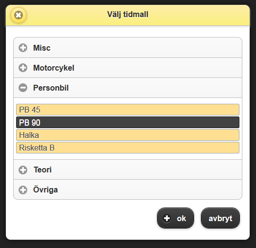 Om man klickar på en ledig tid (gul), öppnas bokningsdialogen upp (Boka tid). Man kan härifrån välja alla elever i hela programmet, som har vald utbildning.