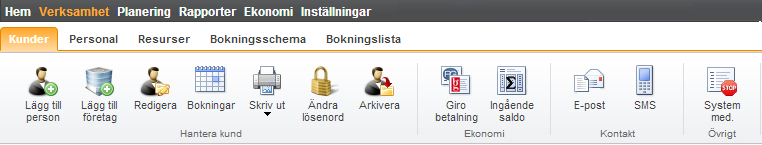 8 VERKSAMHET Verksamhet är hjärtat i programmet och innehåller de uppgifter man sköter dagligen. Härunder finner man alla kunder, personal, resurser (bilar, MC m.m.), bokningsschema och bokningslista.