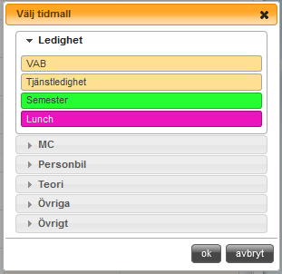 Dessa knappar, hoppar fram eller tillbaka en vecka. Om man har angett mer än en vecka i Vy, så kommer knapparna att hoppa fram eller tillbaka, så många veckor som man har valt.