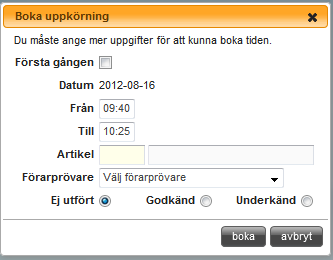 11.2.11 BOKA FÖRARPROV Man kan boka förarprov på två sätt. Antingen så gör man det från kundkortet (se Anpassa eller Ändra en behörighetsutbildning, kapitel 8.1.7, sida 68), och då bokas bara tiden upp för eleven, och ingen resurs eller lärare bokas.
