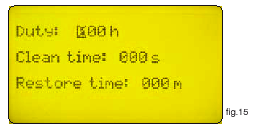 2. SELF-CLEAN I menyn i fig. 13 markeras "Self-Clean" och sedan trycks "Enter". Skärmen ser då ut enligt nedan. Den här skärmbilden visar: "Duty": tiden mellan varje automatisk rengöring.