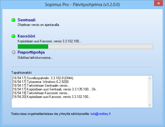 32 själv, så länge datorn har nätverkskontakt med Rediteqs uppdateringstjänst samt att användaren har skrivrättigheter till Sopimus Pro-mappen för att ersätta de gamla versionerna.