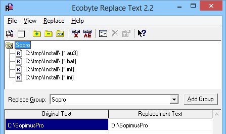 38 Textsträngen som man vill ändra på bör inkludera SopimusPro-mappens namn. T.ex om man vill att Sopro istället installeras på datorns D-station, ändrar man texten C:\SopimusPro till D:\SopimusPro.