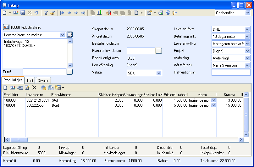 INKÖP 222 Notera att alla fält i fönstrets övre halva nu fylls med information om adresser, samt leverans- och betalningsvillkor, vilka hämtas från kontaktregistret för denna leverantör. 3.
