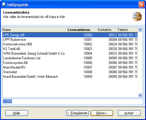 INKÖPSGUIDEN Steg 3: I detta steg visas en lista över alla leverantör. Välj en eller flera leverantörer som du vill göra inköp från. Klicka Nästa.