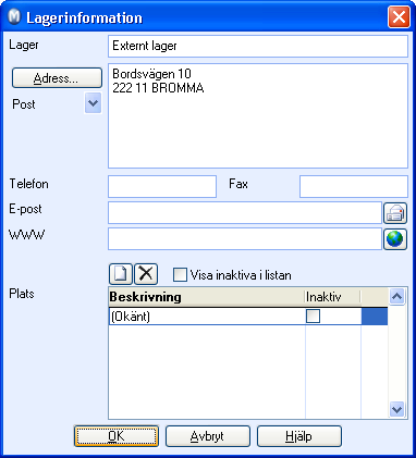 LAGER Lagerinformation Tips! Du kan redigera ett lager direkt från produkten genom att klicka på knappen Gå till lager på fliken Lager. Lager: Lagrets namn.