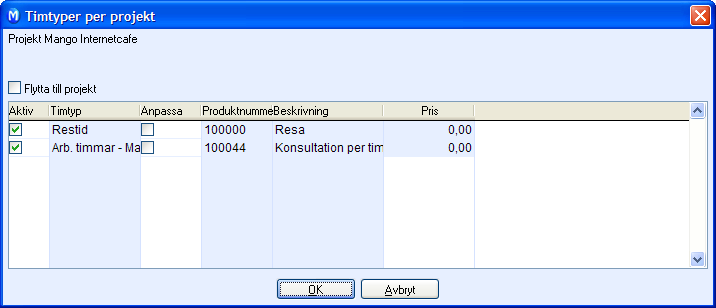 TIDRAPPORTERING Timtyper per projekt Med funktionen Timtyper per projekt kan du ange standardinformation för varje enskilt projekt.