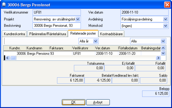 RESKONTRA Räntefaktura (bara tillgänglig i kundreskontran) Fliken visas bara om funktionen är aktiverad i reskontrainställningarna.