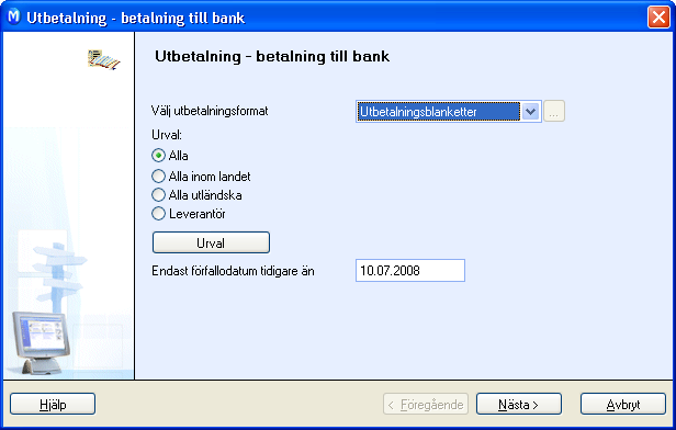 BETALNINGSUPPFÖLJNING Skapa utbetalningsfil Så här skapar du en utbetalningsfil: 1. Gå till Visa - Redovisning - Leverantörsreskontra - Betalning till bank. 2. Välj utbetalningsformat.