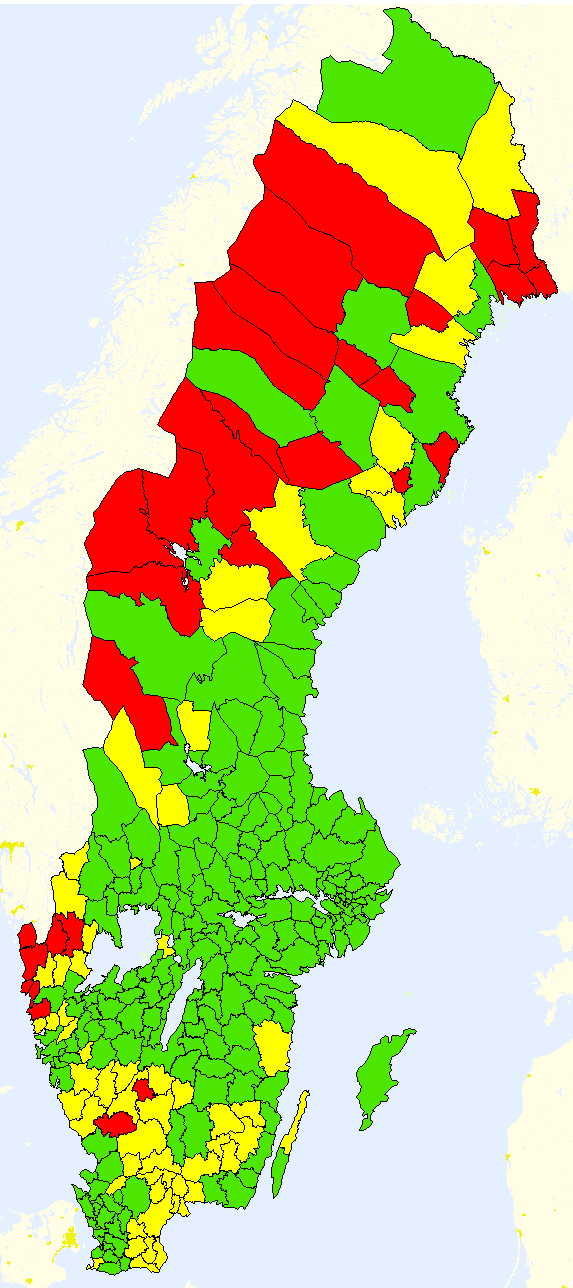 Kartan nedan visar tillgängligheten till Stockholm, kriterium 1, för hela landet hösten 2012. Det framgår tydligt att tillgänglighetsbristerna främst finns i de norra delarna av landet.