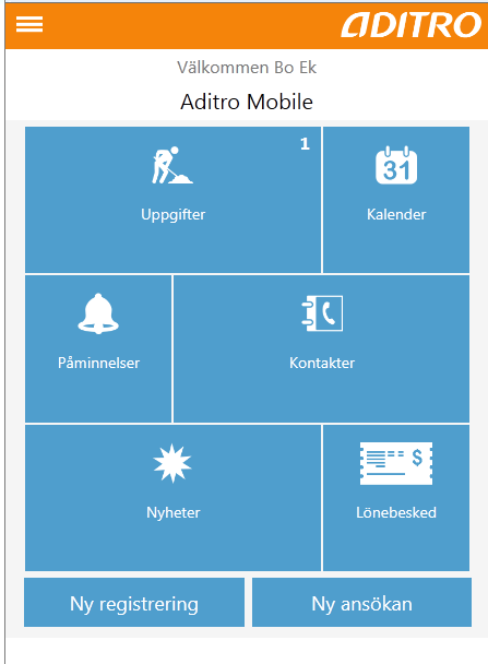 Mobile solution» Aditro E&O» Nyheter (Meddelanden)» Uppgifter» Påminnelser» Konfigurerade i Aditro E&O» Kontakter» Mobilt Business card, med sökfunktion» Aditro T&A» Kalender» Ny registrering»