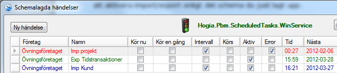 Produkt Version ida 13.4 35 (49) Röd text: Grön text: Blå text: Ej aktiv, tjänsten har körts men gått fel. Den schemalagda händelsen kommer att försöka köras igen enligt Tid/Nästa.