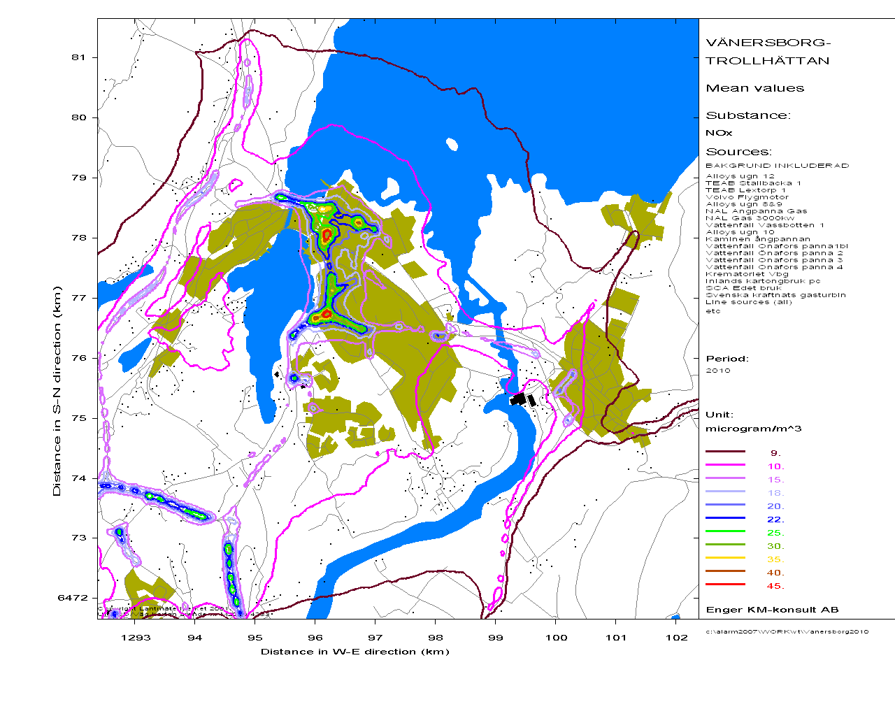 Figure 9. Årsmedelvärdet av NOx-koncentrationen med bakgrund i Vänersborg år 2010 Tabell 3. Jämförelse av mätt och beräknad NO2-koncentration på ett antal platser i Västra Götaland.