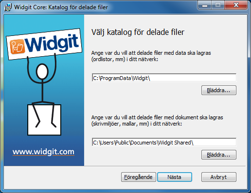 Om du valt det senare alternativet måste du ange kataloger för: Delade data som ordlistor, mm. Delade dokument som mallar och skrivmiljöer. När du gjort dina val, klicka på Nästa för att fortsätta.