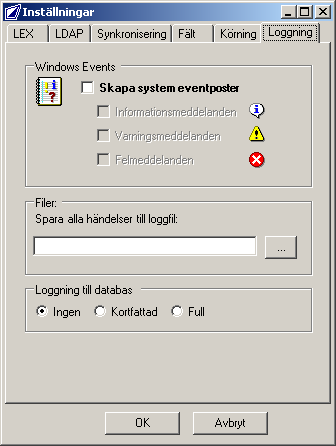 3.2.6 Loggning Ange här vilken typ av information som ska loggas.