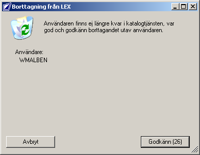 3.2.8 Borttagning från Lex Om man har valt Ta bort organisation under Synkroniseringsfliken i inställningar så kommer LexLdapService att ta bort kopplingar och konton som ej längre existerar i