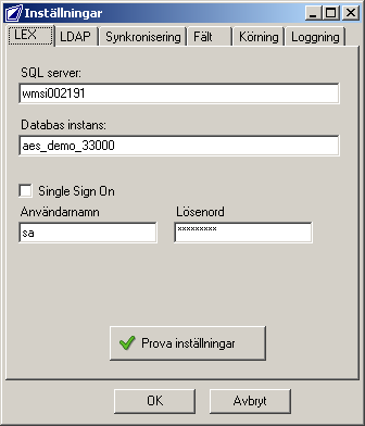 3.2 Inställningar Ändringar av inställningar i applikationen görs under Verktyg/Inställningar och innehåller 6 flikar 3.2.1 Lex Lex SQL Server namn som är den servern där Lex databas ligger på, samt namnet på Lex databas instans anges här.