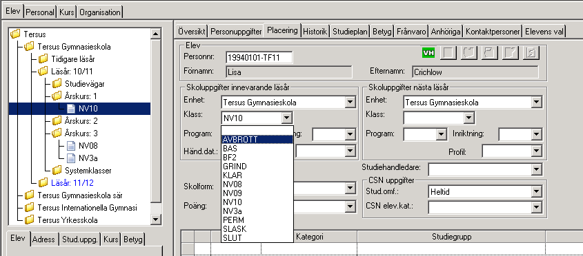 Välj rätt Enhet, Klass, Program och ev Inriktning. Här finns också möjlighet att välja Studiehandledare (Mentor).