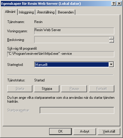 8.3.1 Starta och stoppa Resin-tjänsten För att starta tjänsten skriver man net start resin i Kör-dialogen (välj Kör från Start-menyn) eller skriv det i en kommandotolk 26 (se bild till höger).