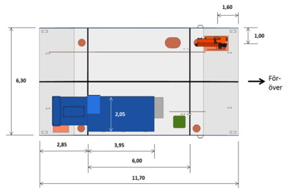 1.11.2 Pråmens dimensioner Pråmens dimensioner uppmättes och nedgångsluckor och övrig utrustning som fanns på pråmen mättes in (se fig. 13). Figur 13. Skiss av pråmen med uppmätta mått.