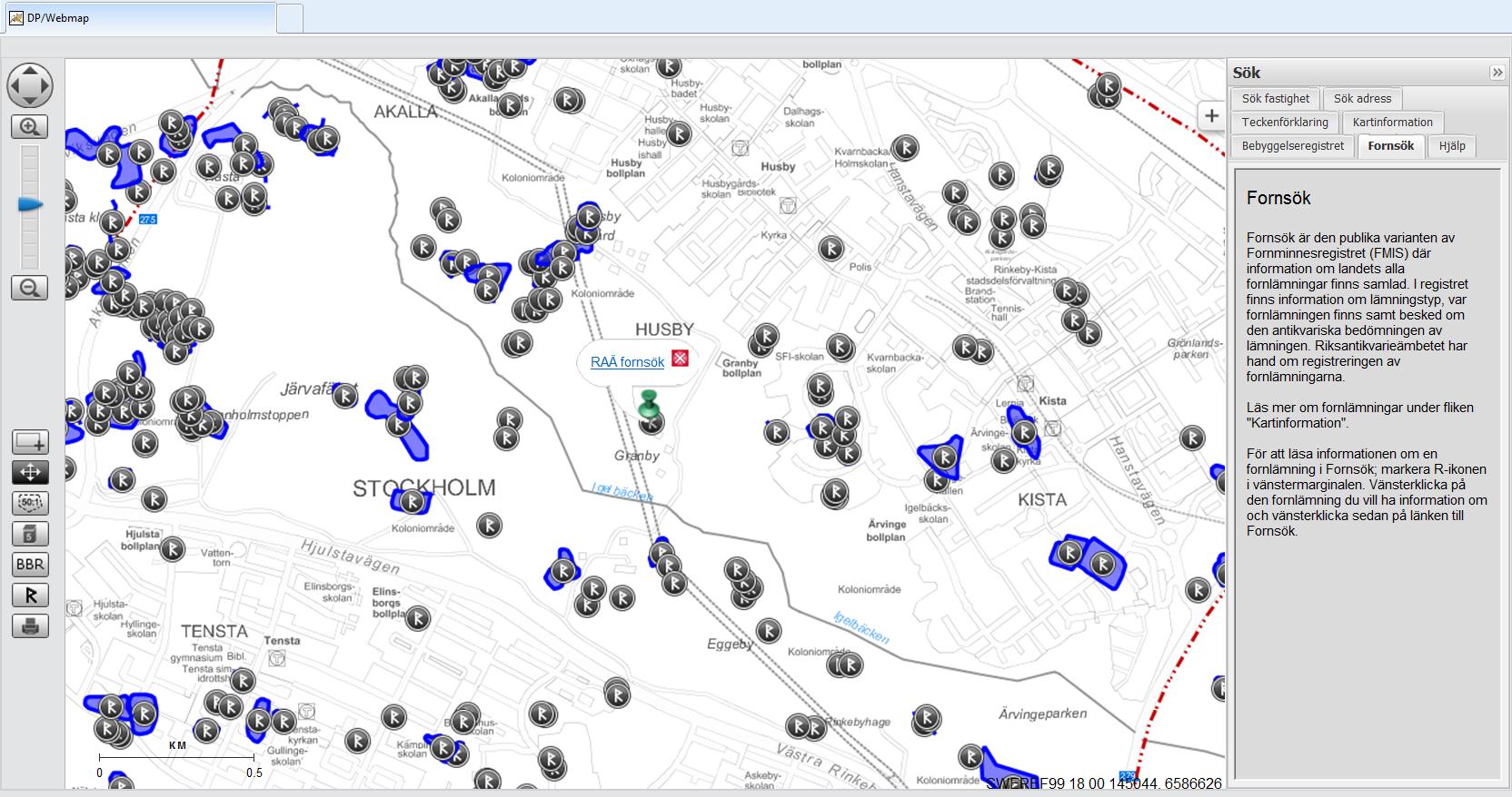 10. Fornlämningar i DPWebMap 1. Klicka på plustecknet i kartans högra kant 2. I den grå undermenyn: Stockholmskarta grå nedtonad linjer är förvald.