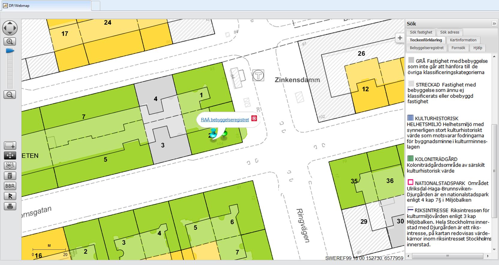 8. Från DPWebMap till Riksantikvarieämbetets Bebyggelseregister 1. Zooma in så långt i kartan så att du ser fastighetsbeteckningarna (fastighetsnumren). 2. Välj BBR i vänstermenyn.