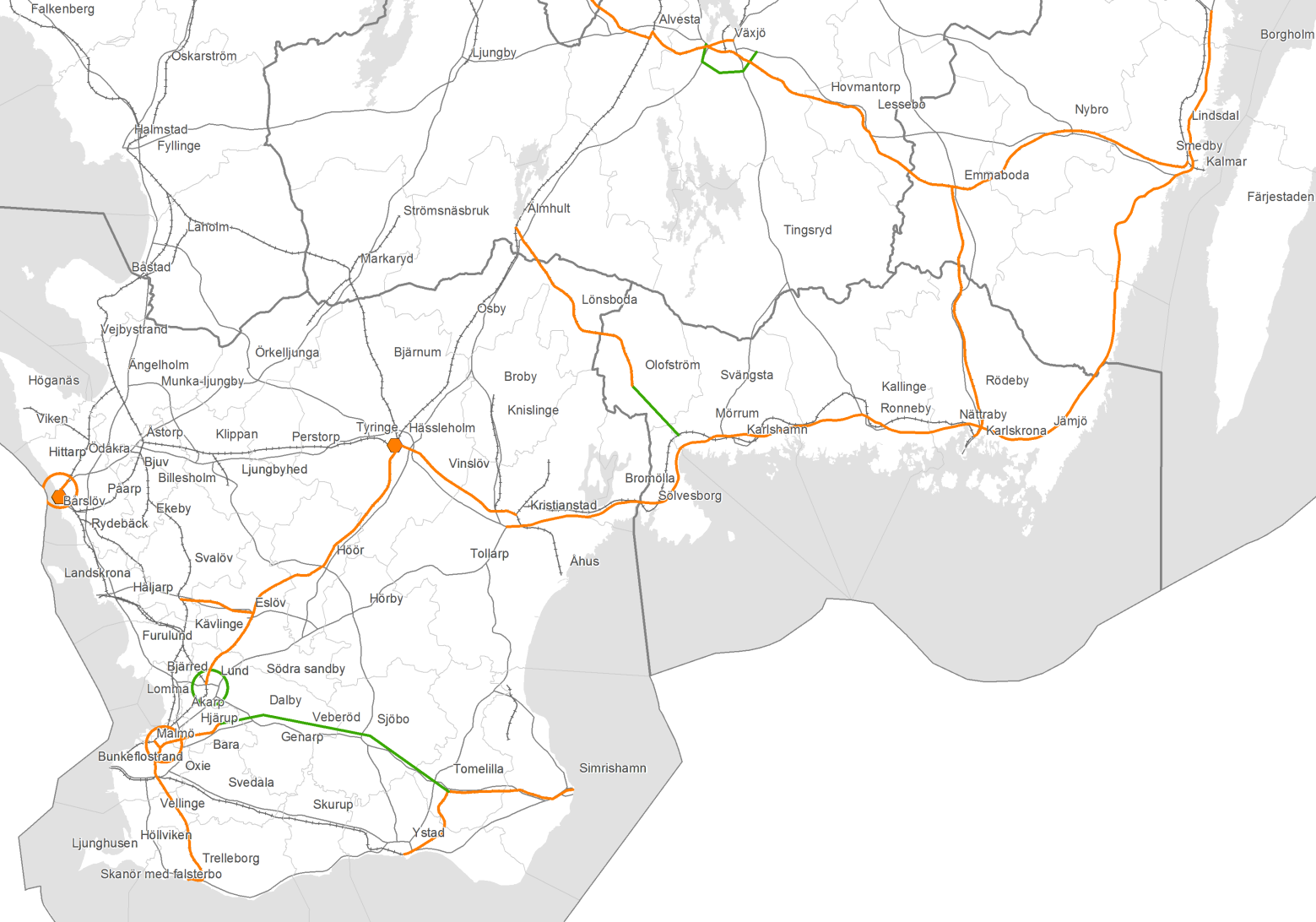 TRAFIKINVESTERINGAR UTANFÖR PLAN Region Södra Sverige Sydostlänken, Älmhult-Karlshamn Nybyggnation (Olofström-Blekinge kustbana) samt kapacitetsåtgärder Västkustbanan, Helsingborg-Maria