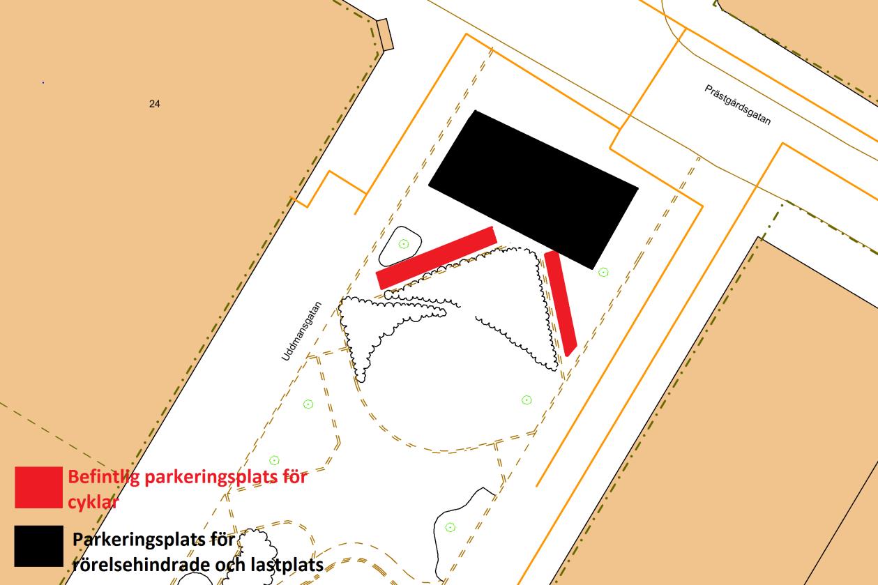 Bild 7, Kartbild över parkeringsplats för cyklar, i riktning mot Prästgårdsgatan, ( GIS primärkarta) På sidan mot Prästgårdsgatan var det ett fåtal platser som inte används då kontrollerna