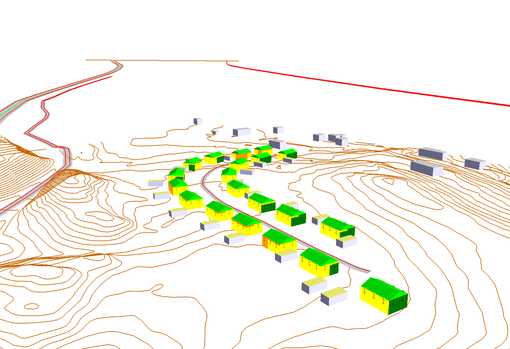 Uddevalla E6 Järnväg Villor enligt FHK Samrådshandling Detaljplan 2012-04-23 Lokalväg - Ekvivalent ljudtrycksnivå - 3D vy mot