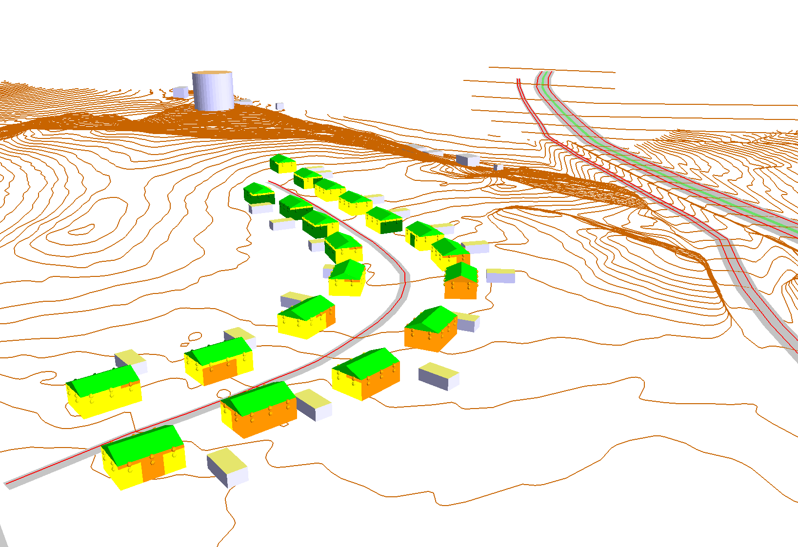 Uddevalla Villor enligt FHK Samrådshandling Detaljplan 2012-04-23 E6 - Ekvivalent ljudtrycksnivå - 3D vy mot söder -