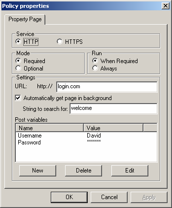 URL Timeout Automatically get page in background String to search for Post variables Ange adressen (URL) till sedan för inloggning. Denna inställning anger hur länge programmet försöker köra en regel.