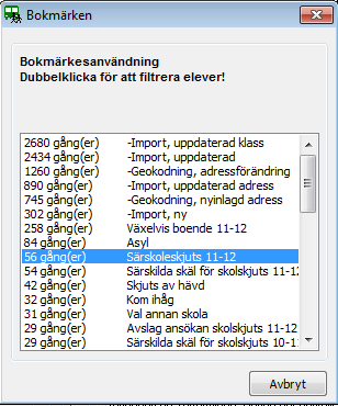 Fönstret Elev Avståndsberäkningar. Numera kan upp till tre avståndsberäkningar sparas till en elevadress. Det första avståndet är det som oftast ligger till grund för beslutet till skolskjuts.