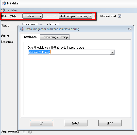 3. Välj Funktion i rutan Bokningstyp och därefter Marknadsplatsöverföring i rutan intill. Då öppnas ett nytt fönster enligt nedan.