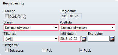 11(23) 1. Kryssruta Diarieför ej, denna ska kryssas i om handlingen endast ska upp på postlista, alltså inte kopplas till ett diariefört ärende.