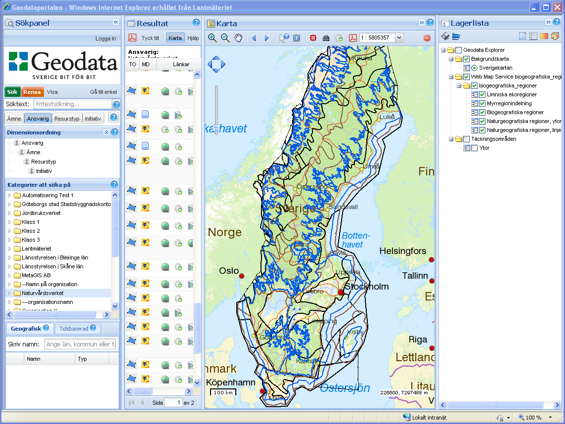 PM 10(12) Datum: 2014-05-2626 Diarienr: Kartan och Lagerlistan: Så här ser det ut när vi valt Ansvarig, Naturvårdsverket och klickat på tjänsten Naturgeografiska regioner, ytor och där vi gjort