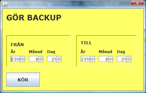 Backup och Återställning Man kan när som helst ta backup på den data man har i databasen. Detta görs genom att man trycker på knappen Backup i huvudfönstret (knappen inringad med rött nedan).