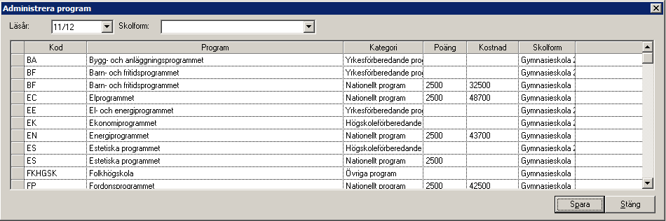 Kurs För att ta med kurser till nästa läsår gå till menyn Administration, välj Grunddata - >Gymnasieskola ->Kurs ->Kurs. Fönstret Administrera kurs öppnas.