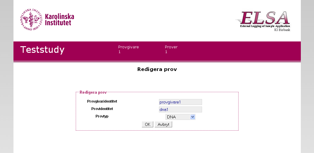 Bild 8 Sida där provinformation kan redigeras. För att godkänna inmatad data, klicka på Godkänn. Inmatad data behöver inte godkännas efter varje prov utan upp till 15 prover i taget kan registreras.