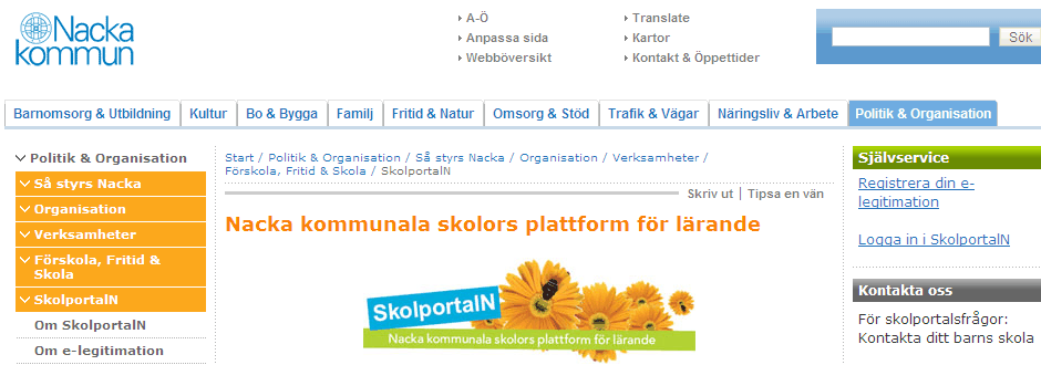 2. Nu kommer du som förälder in på den samlade sidan för e-tjänster i kommunen: Fler e- tjänster och blanketter. Välj SkolportalN under Barnomsorg och utbildning. 3.