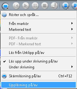 Läs upp från Urklipp Du kan använda Urklipp för att läsa upp i alla program i Windows, text kan markeras och kopieras, ex. i Open office. I Menyn Uppläsning slår du på Läs upp från Urklipp.
