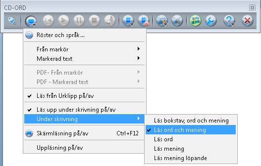 Läs upp under skrivning Läs upp under skrivning slås av och på i Menyn uppläsning. Öppna ett dokument, t.ex. i Word. Skriv nu en text. De enskilda orden läses upp, när du slår mellanrum.