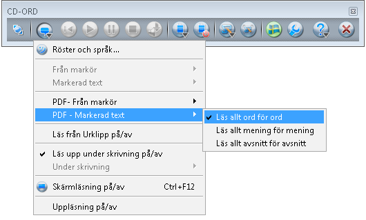 Läs upp i PDF-dokument CD-ORD kan också läsa upp med highlight i PDF-dokument. Menyerna PDF - Från markör och Markerad text är aktiva, när du har öppnat ett PDF-dokument.