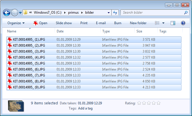 Primus Vägledning för massimport av bilder 6 Exempel på hur man ger flera filer nytt namn Om du markerar flera filer i Windows utforskare, högerklickar på en fil, väljer Byt namn / Rename och lägger