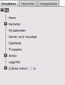 8. Nu är du i editeringsläge och det finns två delar. Struktur och design. 9. Strukturen visar samma sak som menyn till vänster. Det ni ändrar i strukturen kommer också att synas i menyn på hemsidan.