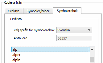 Använda symbolordboken Wordlist Manager innehåller en symbolordbok där du kan söka i symbolinnehållet.