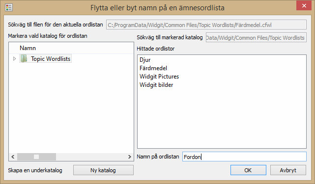Flytta och byta namn på dina ordlistor Viktigt att notera: Om du vill flytta och byta namn på ordlistor, så måste du göra det med hjälp av Wordlist Manager, och inte i Windows utforskaren.