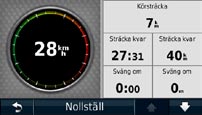 Använda kartsidorna Visa färddatorn 3. Tryck på Nollställ > Nollst. max om du vill nollställa maxhastigheten. Visa svänglistan Färddatorn anger aktuell fart och ger statistik om färden.