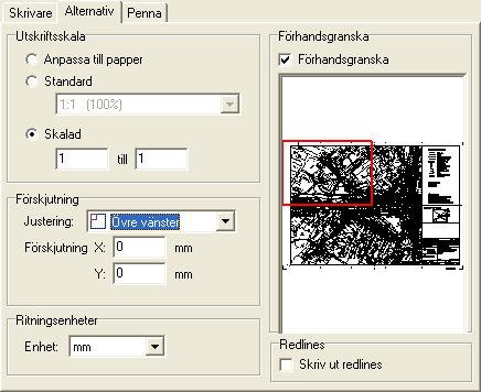 Alternativ Denna flik används för att definiera skala och utskriftsområde. Utskriftsskala Ger möjlighet till skalad utskrift.