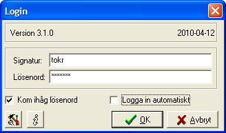 Inloggning Efter uppstartsrutinen visas dialog för inloggning, här anges användarens personliga signatur och lösenord.