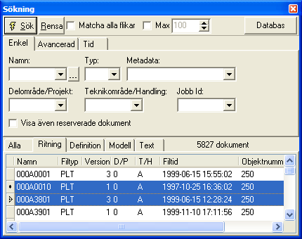 Fönster Fönstret Sökning används för att söka efter alla typer av dokument. Knappen Sök initierar sökning och knappen Rensa tömmer ifyllda sökfält. Sökkriteria från aktuell flik eller alla.